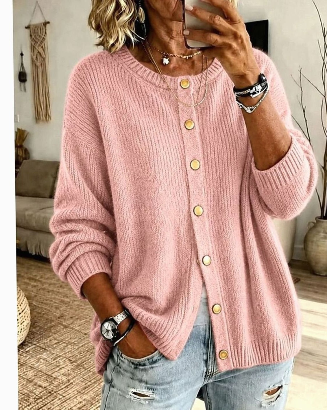 Women's Round Neck Knit Cardigan - Pink, front view