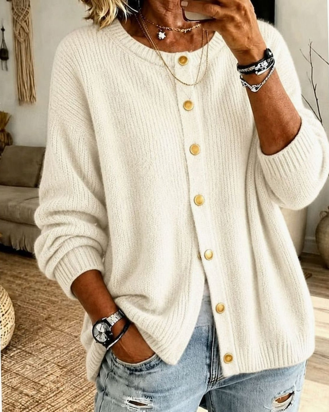Women's Round Neck Knit Cardigan - Beige, front view