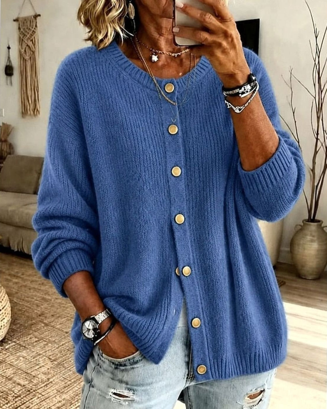 Women's Round Neck Knit Cardigan - Blue, front view