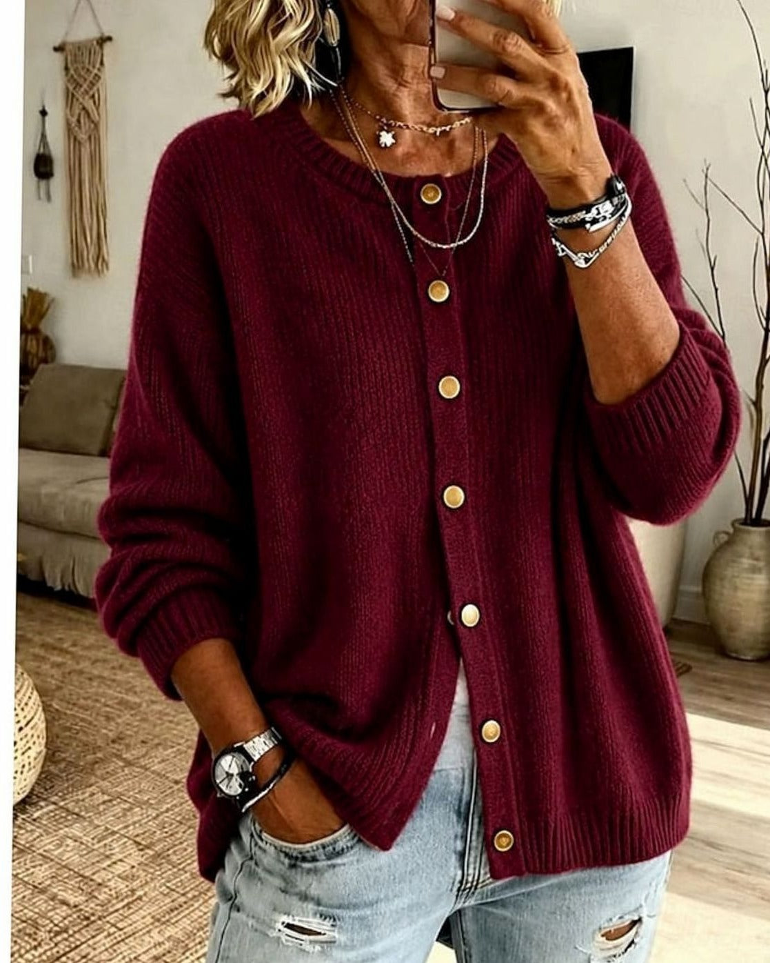 Women's Round Neck Knit Cardigan - Red, front view