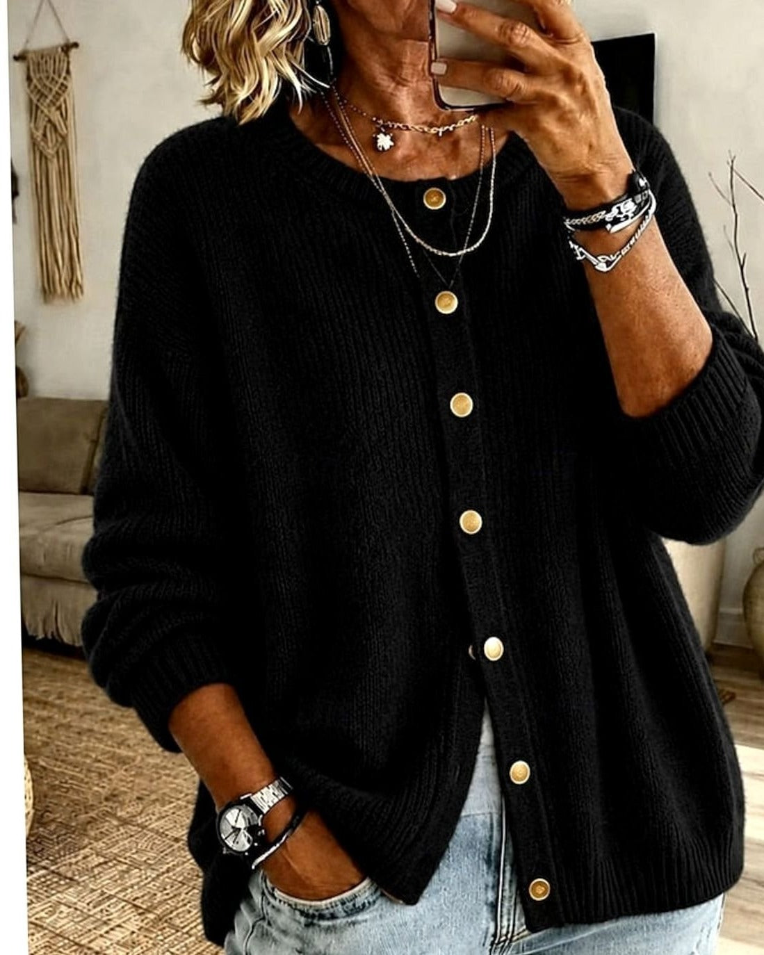 Women's Round Neck Knit Cardigan - Black, front view