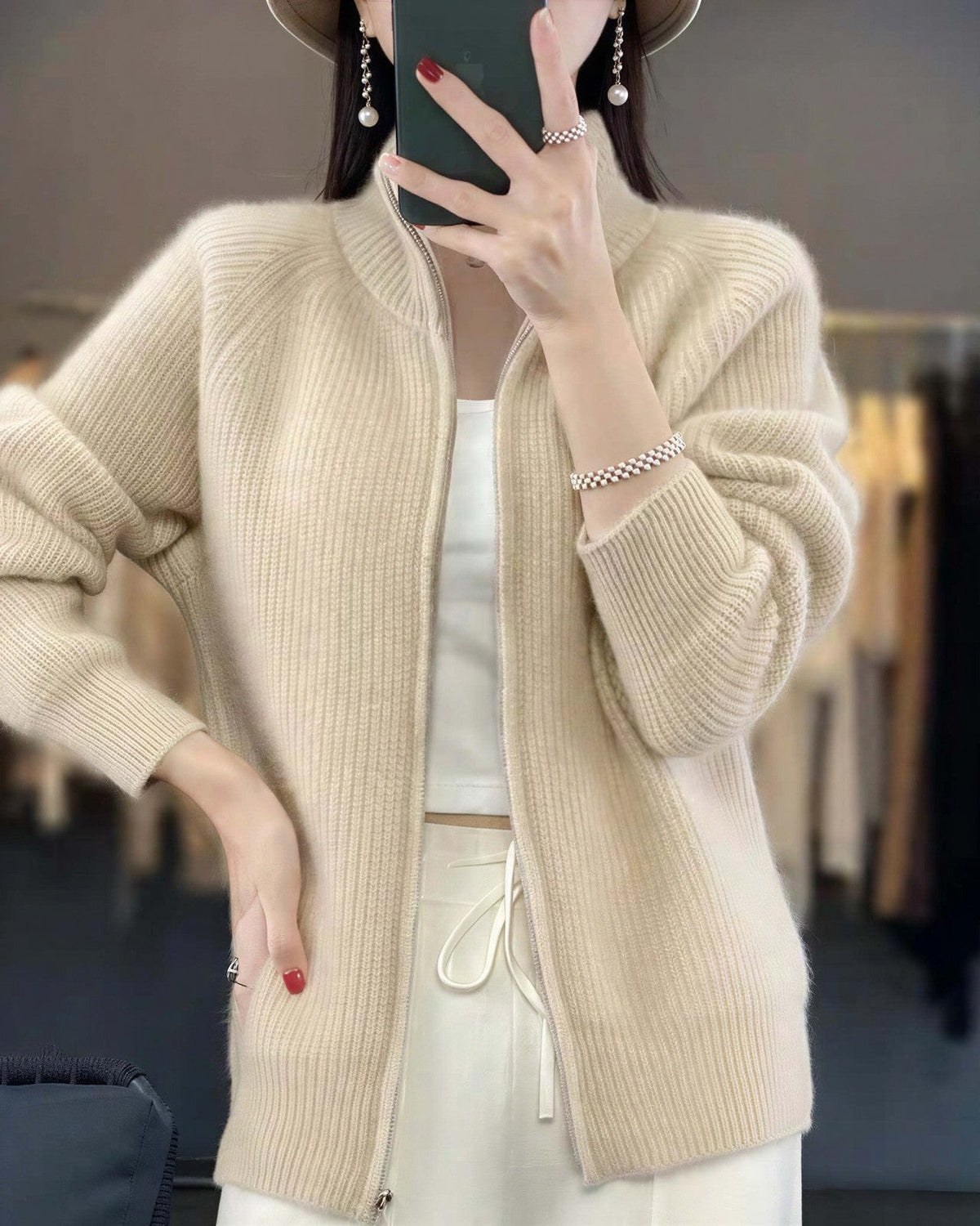 Women's Zip-Up Knit Cardigan - Beige, front view