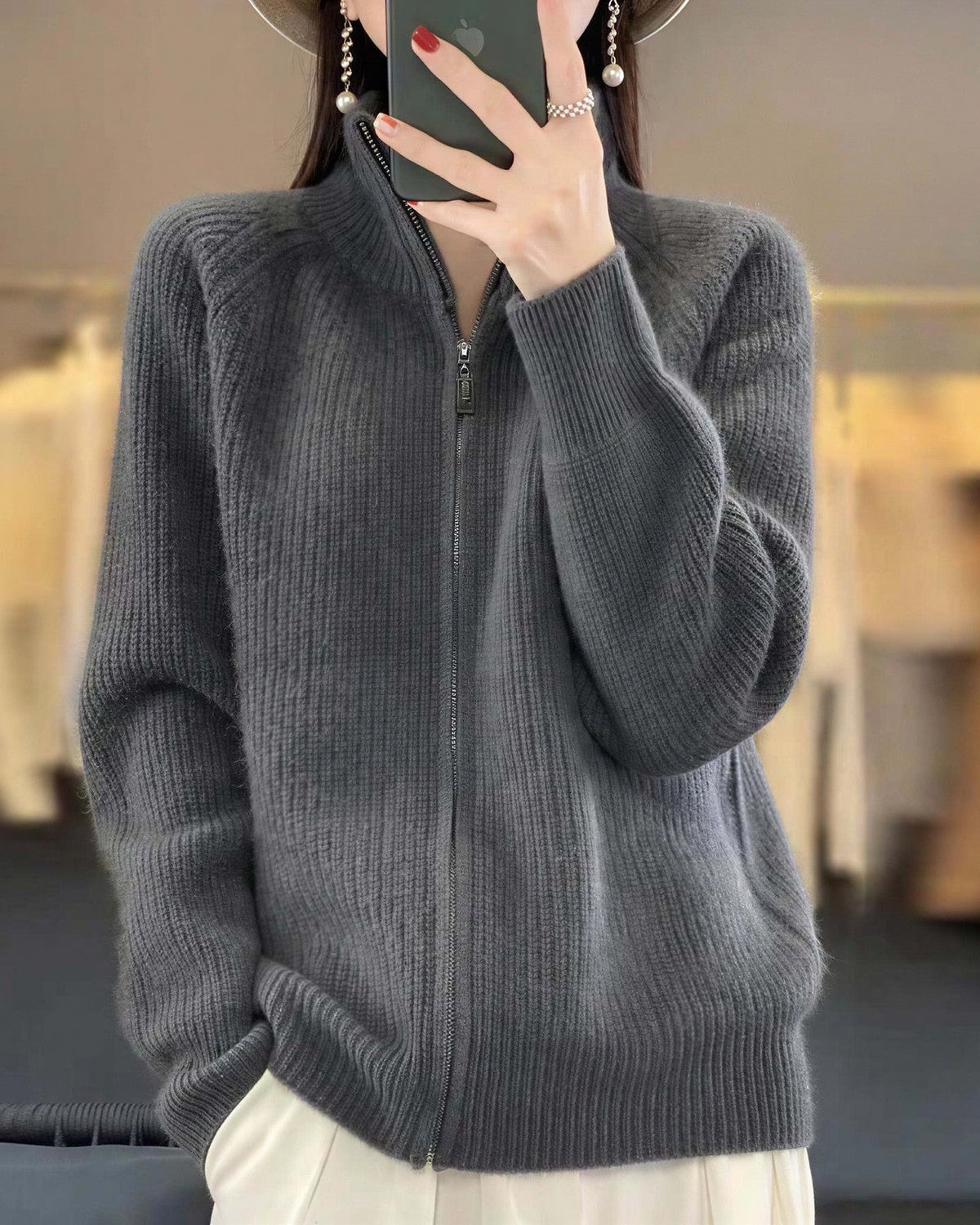 Women's Zip-Up Knit Cardigan - Grey, front view