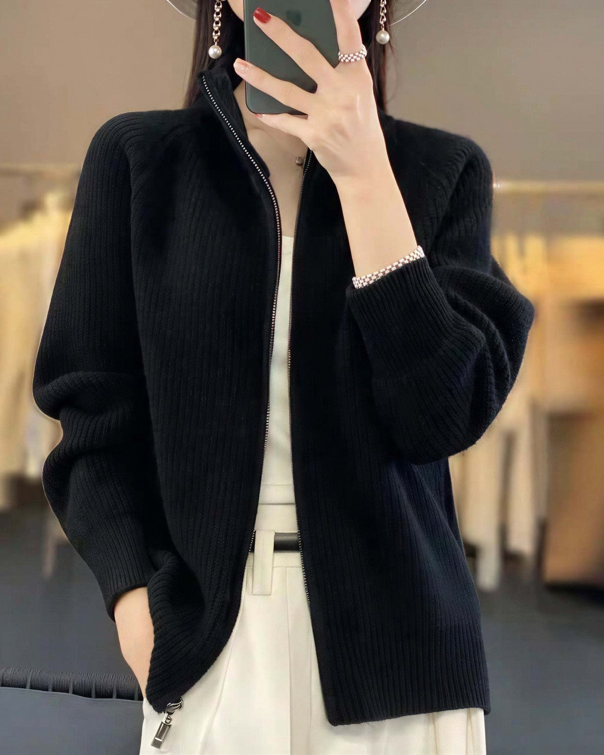 Women's Zip-Up Knit Cardigan - Black, front view