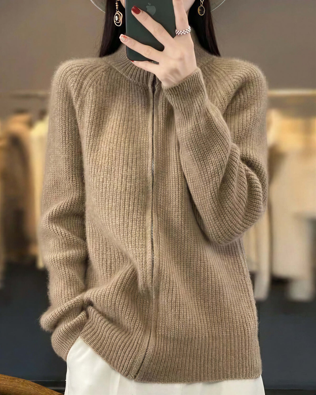 Women's Zip-Up Knit Cardigan - Brown, front view