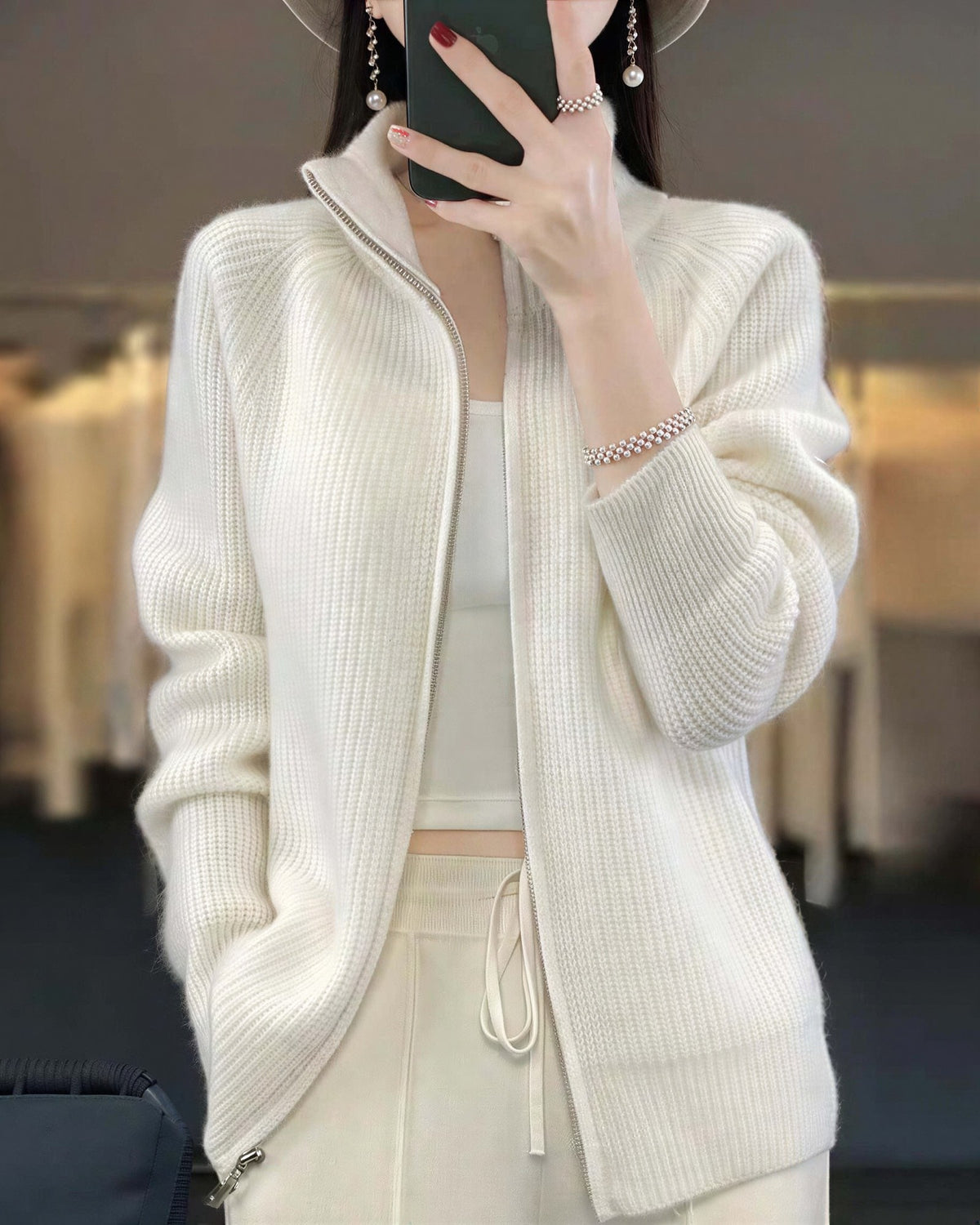 Women's Zip-Up Knit Cardigan - White, front view