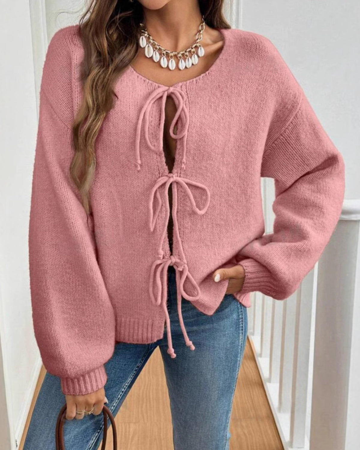 Women's Tie Front Knit Cardigan - Pink, front view