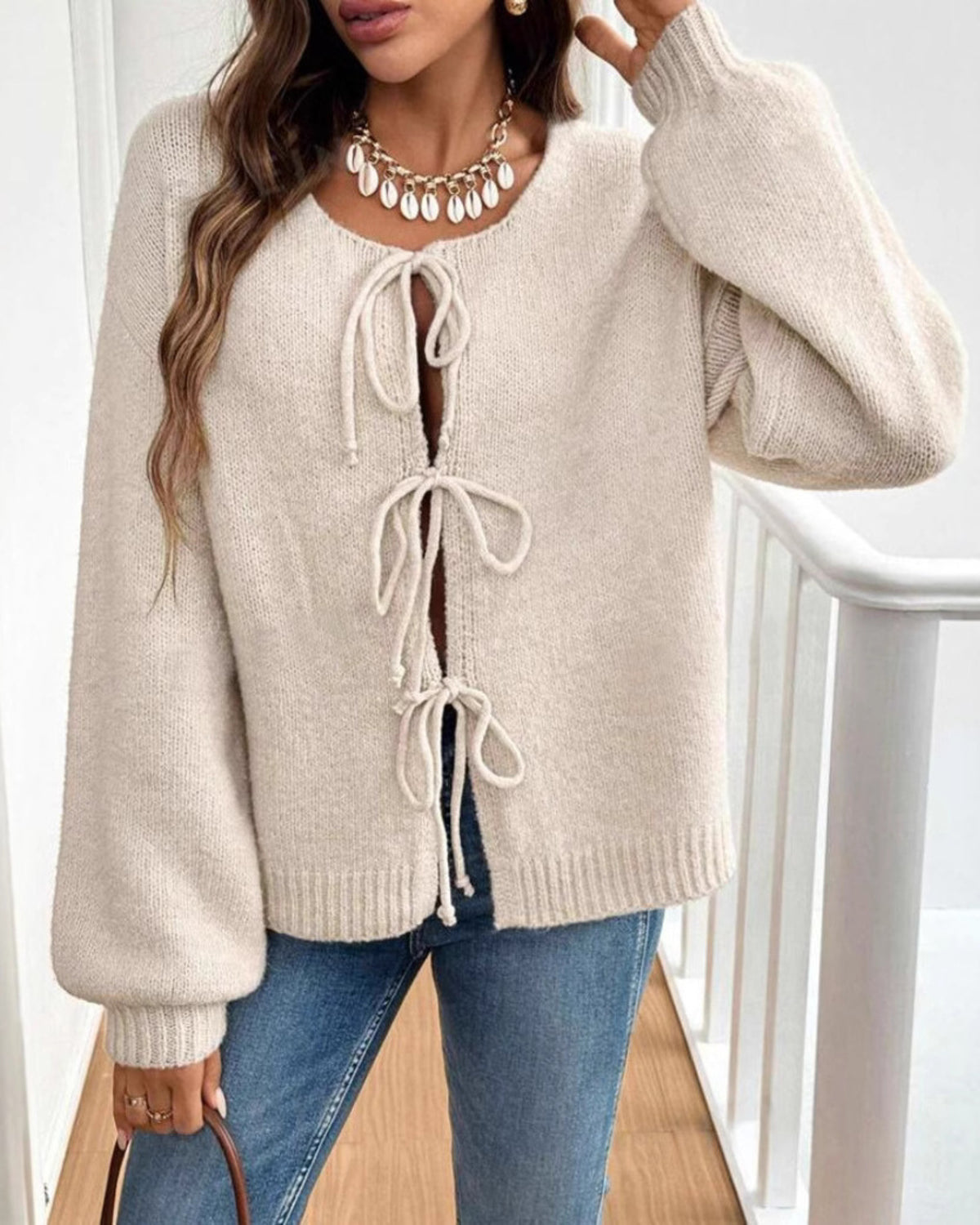 Women's Tie Front Knit Cardigan - Apricot, front view