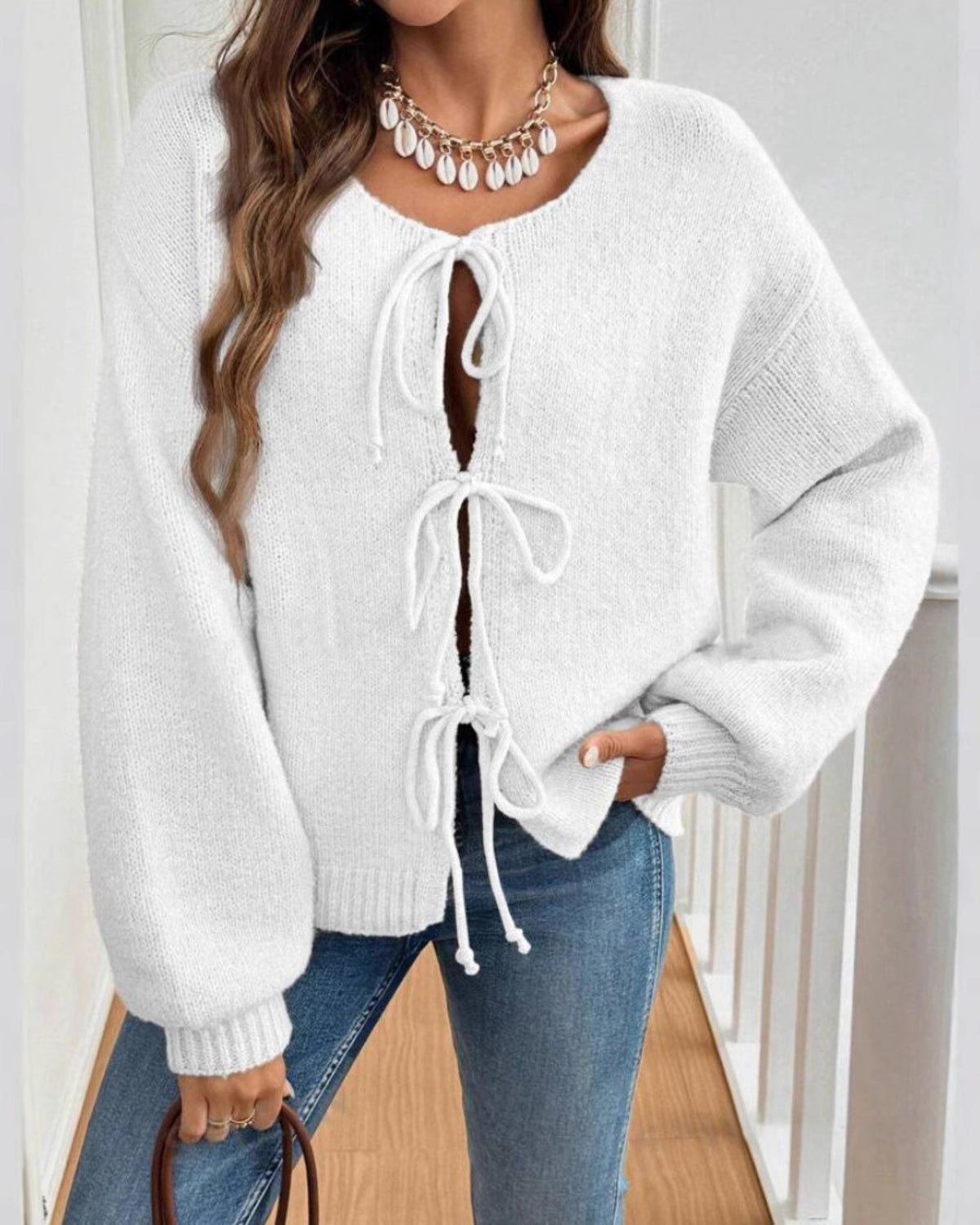 Women's Tie Front Knit Cardigan - White, front view
