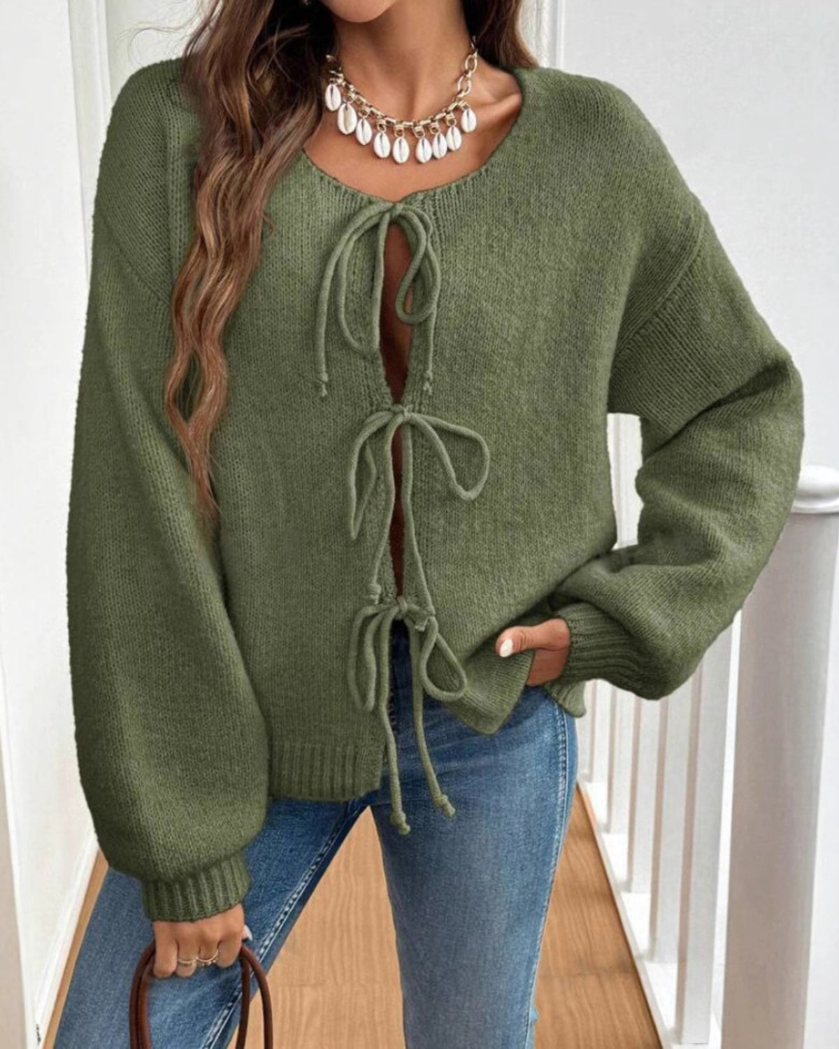 Women's Tie Front Knit Cardigan - Army Green, front view