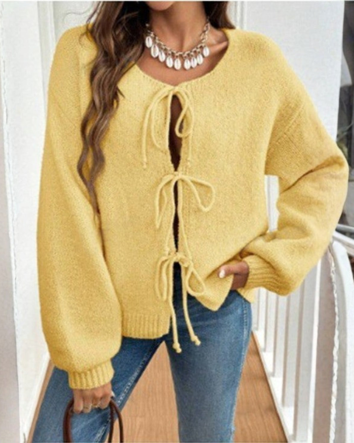 Women's Tie Front Knit Cardigan - Yellow, front view
