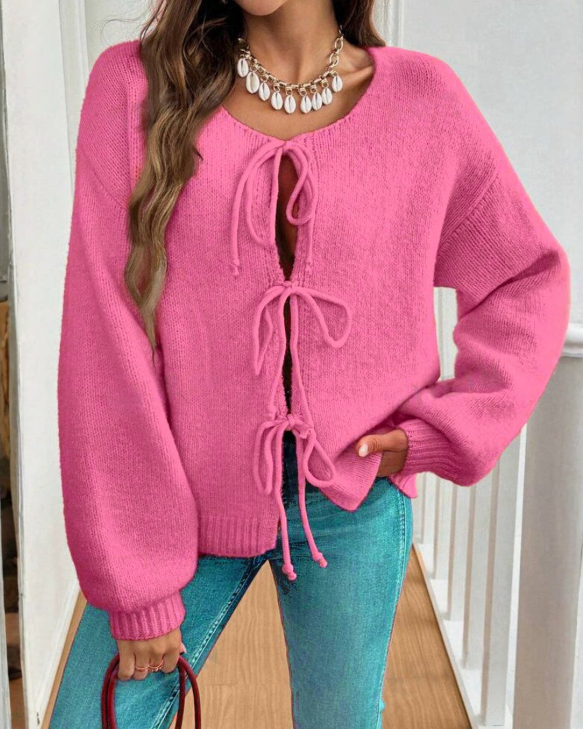 Women's Tie Front Knit Cardigan - Rose Pink, front view