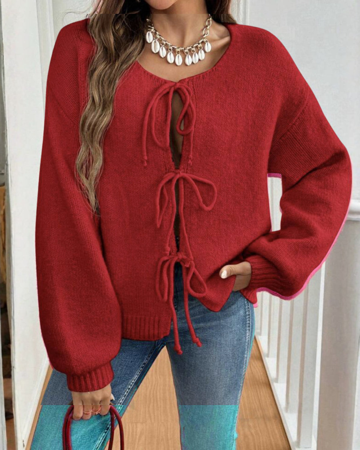 Women's Tie Front Knit Cardigan - Red, front view