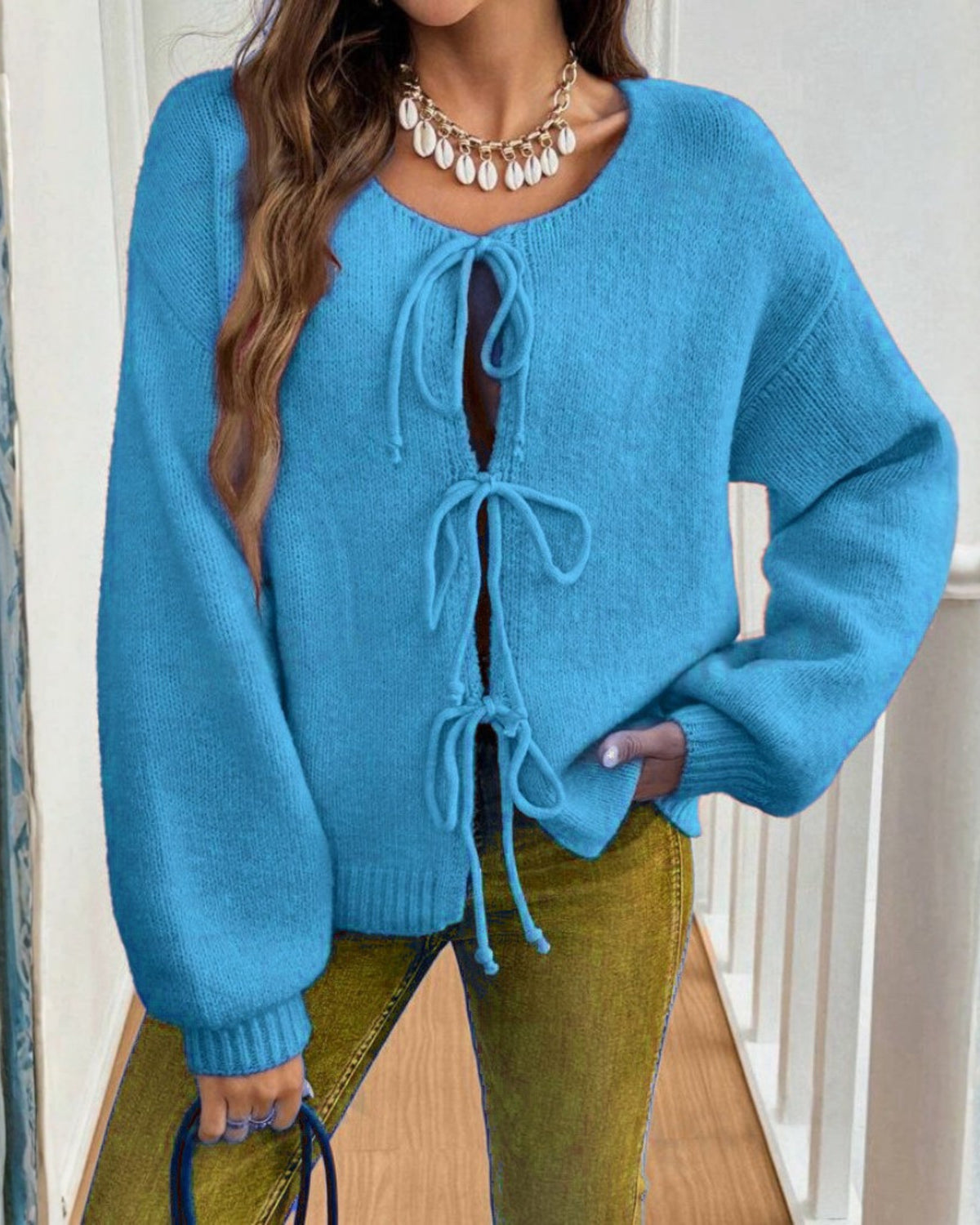 Women's Tie Front Knit Cardigan - Sky Blue, front view