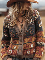 Women's Retro Floral Knit Cardigan - Multicolour, front view