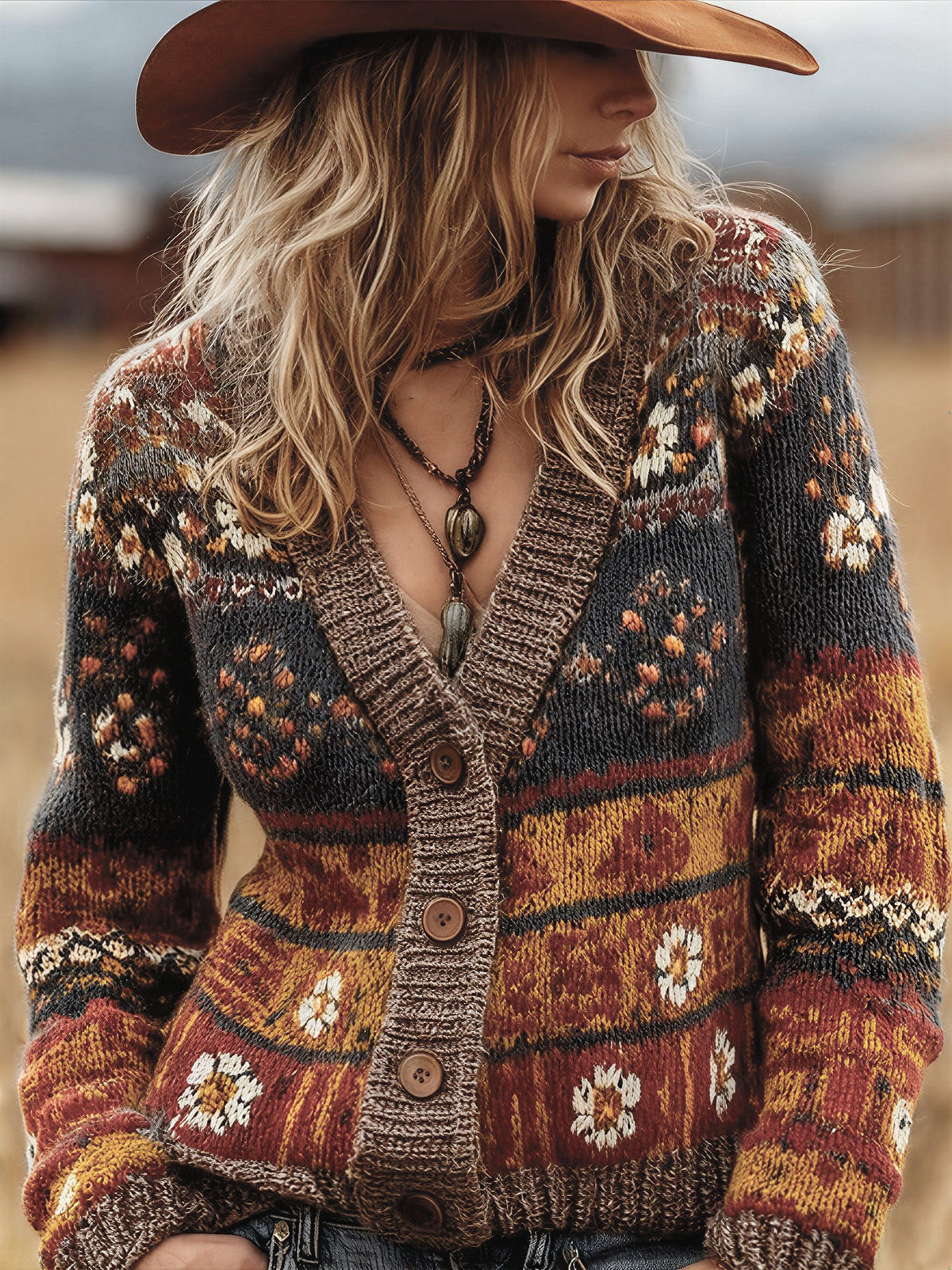Women's Retro Floral Knit Cardigan - Multicolour, front view