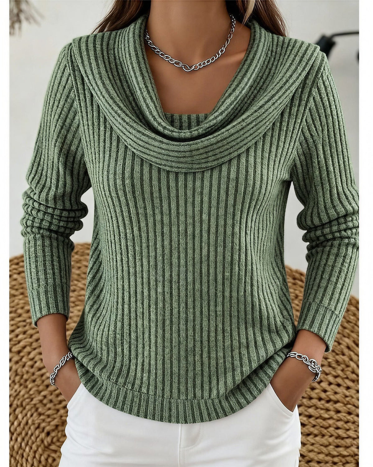 Women's Ribbed Cowl Neck Jumper - Green, front view