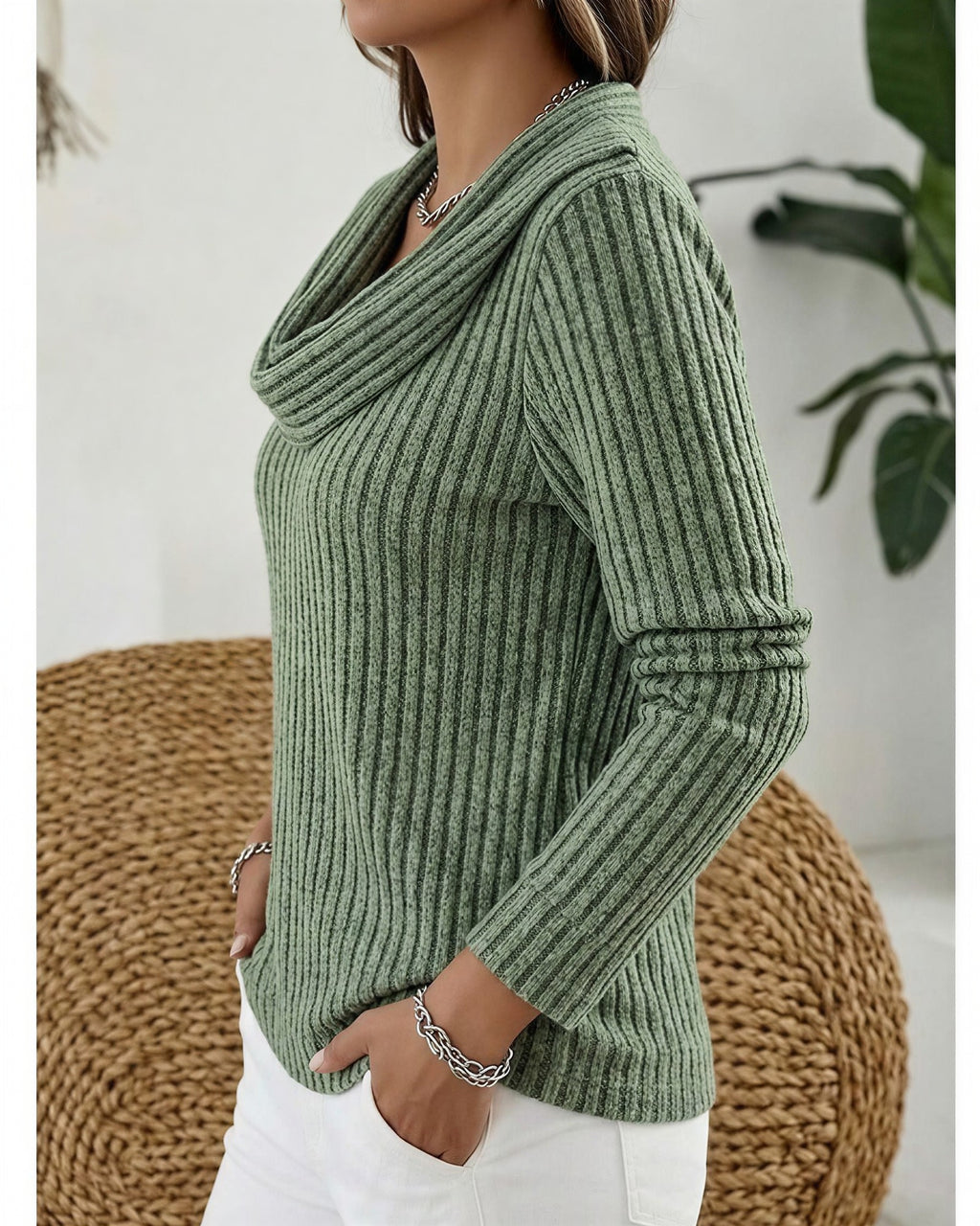 Women's Ribbed Cowl Neck Jumper - Green, detail view