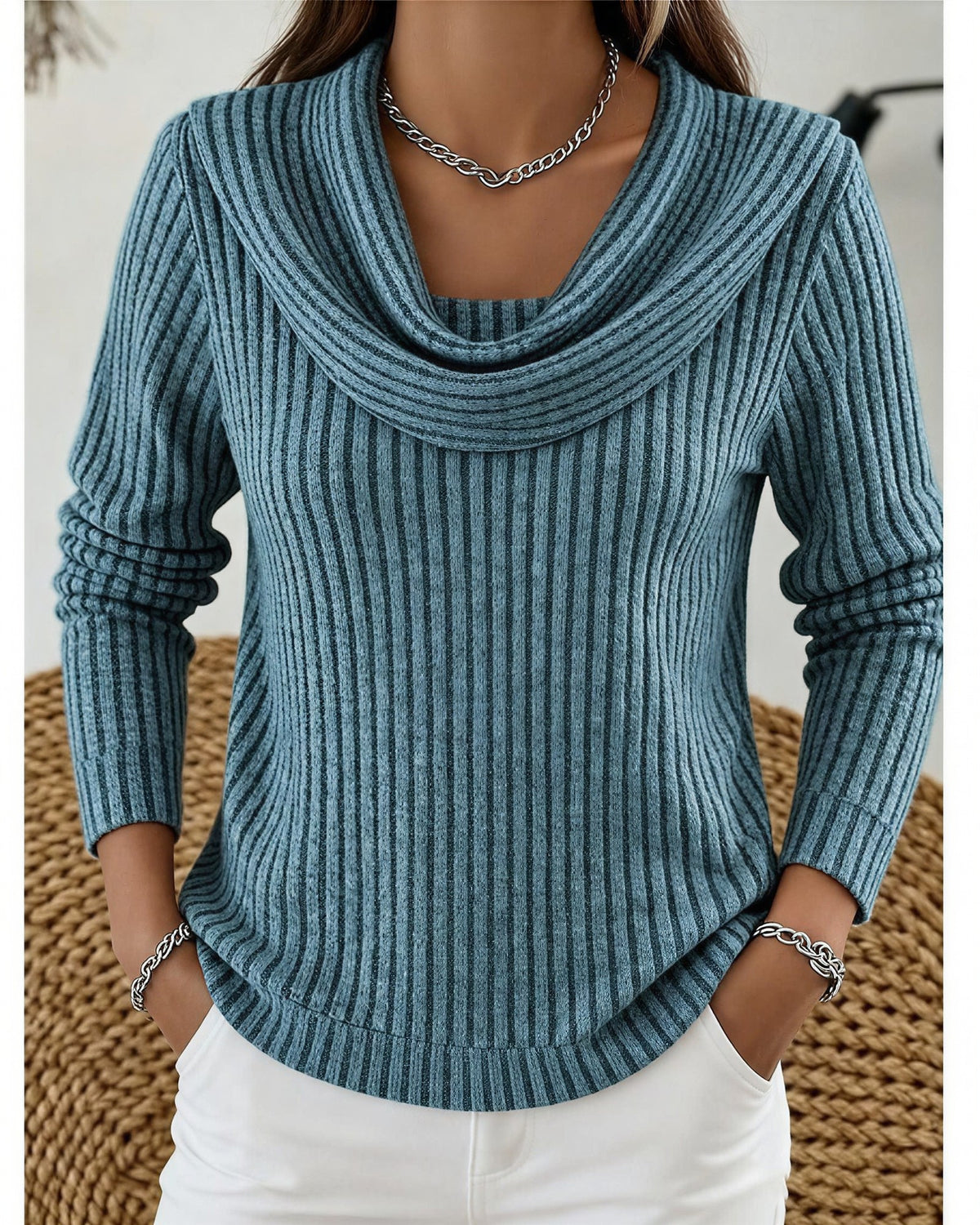 Women's Ribbed Cowl Neck Jumper - Peacock Blue, front view