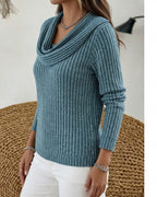 Women's Ribbed Cowl Neck Jumper - Peacock Blue, detail view