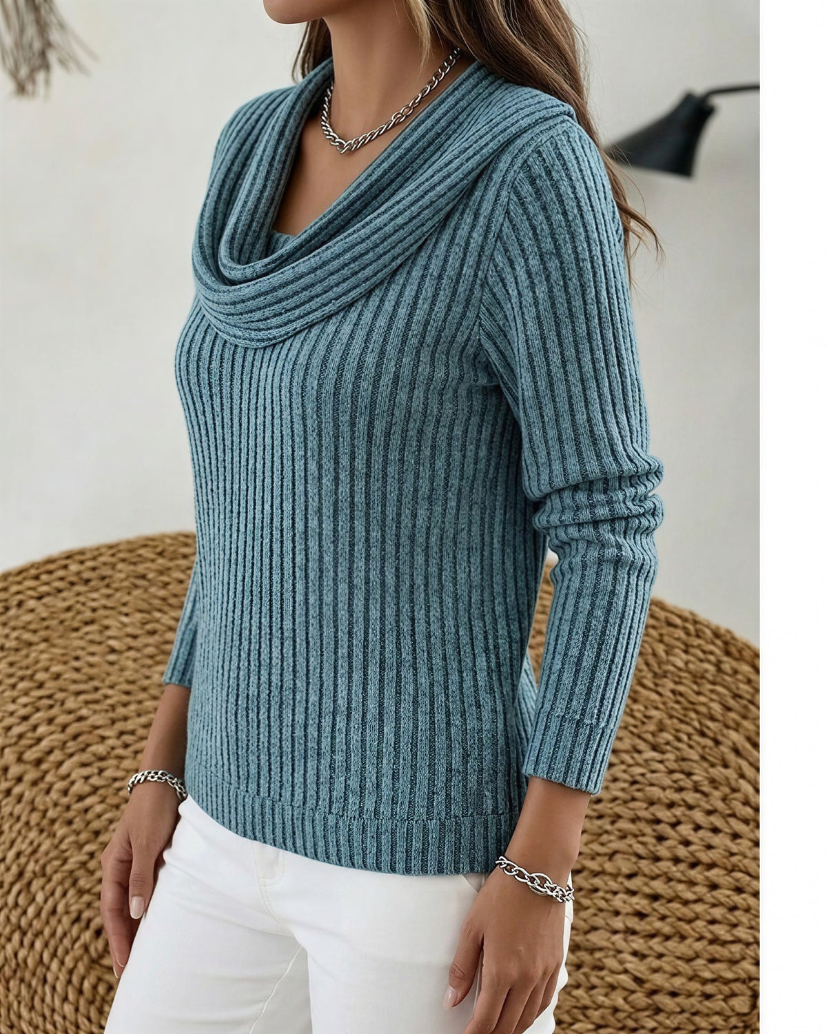 Women's Ribbed Cowl Neck Jumper - Peacock Blue, detail view