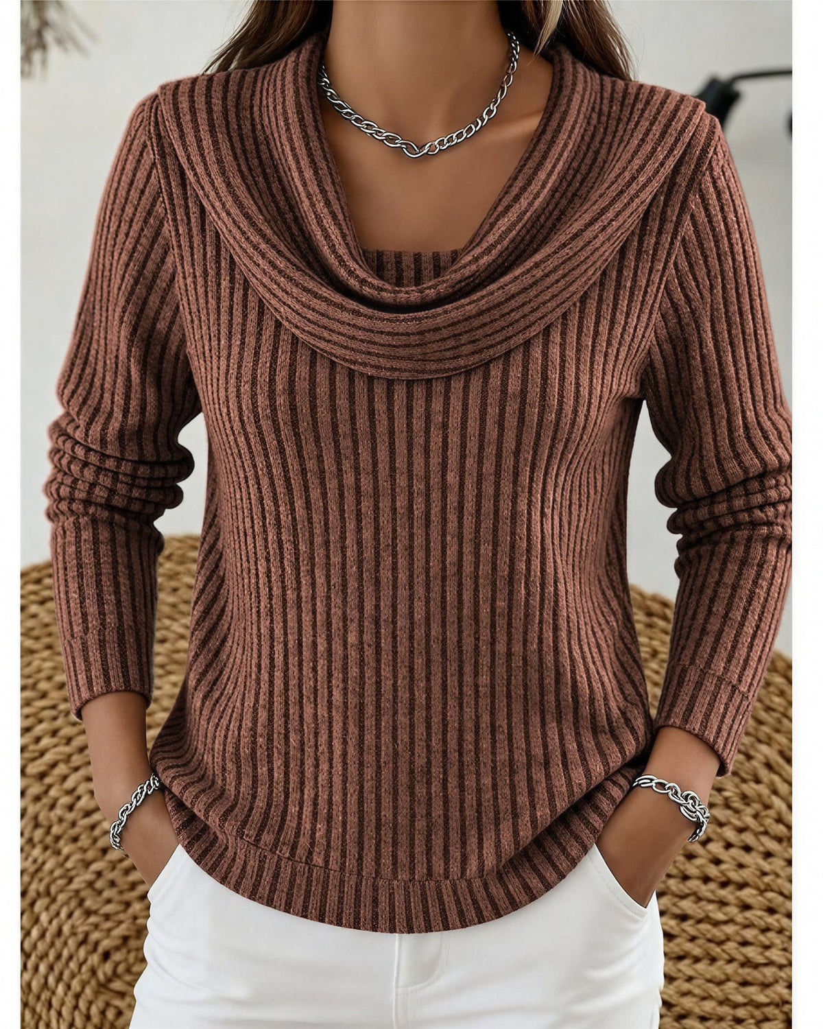 Women's Ribbed Cowl Neck Jumper - Dark Brown, front view