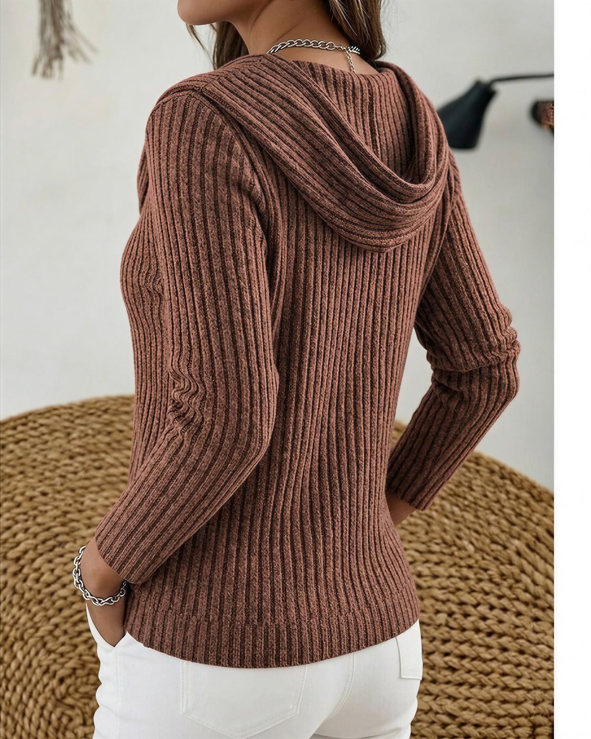 Women's Ribbed Cowl Neck Jumper - Dark Brown, detail view