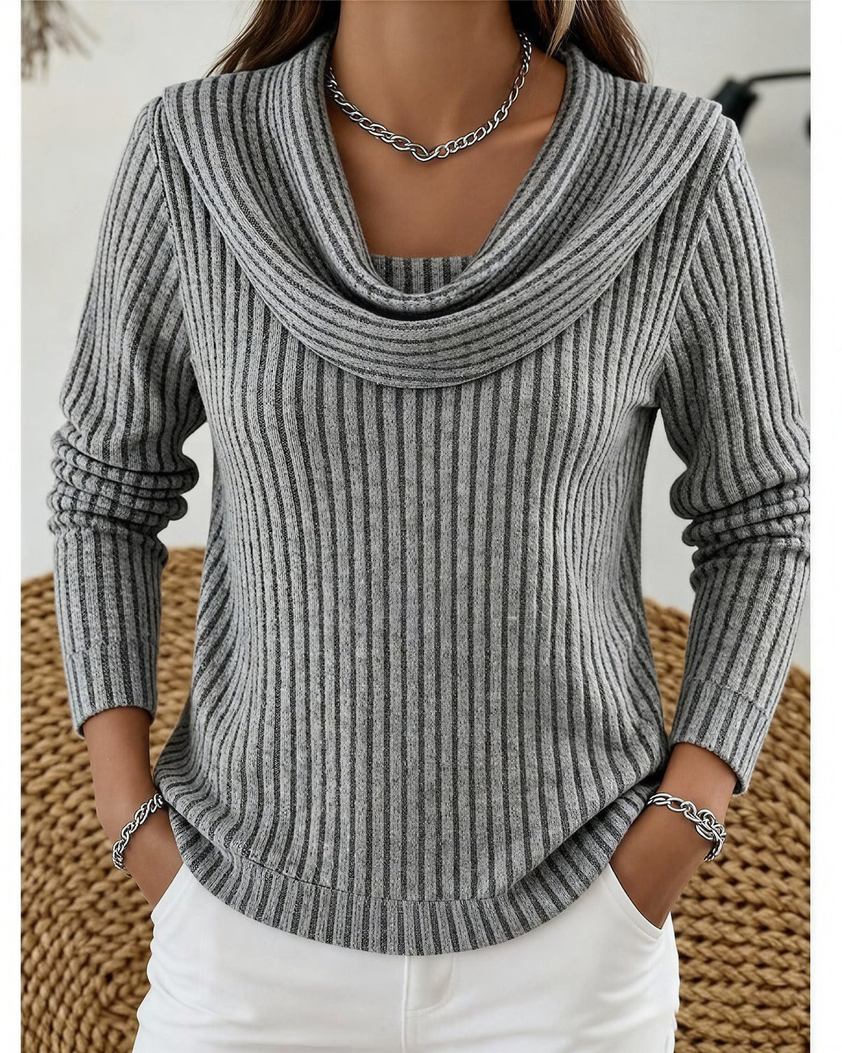 Women's Ribbed Cowl Neck Jumper - Grey, front view
