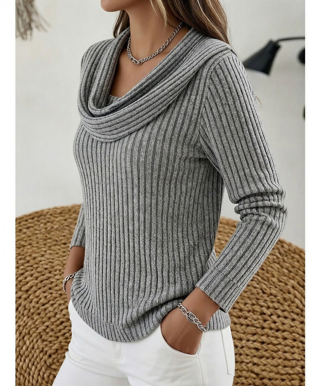 Women's Ribbed Cowl Neck Jumper - Grey, detail view