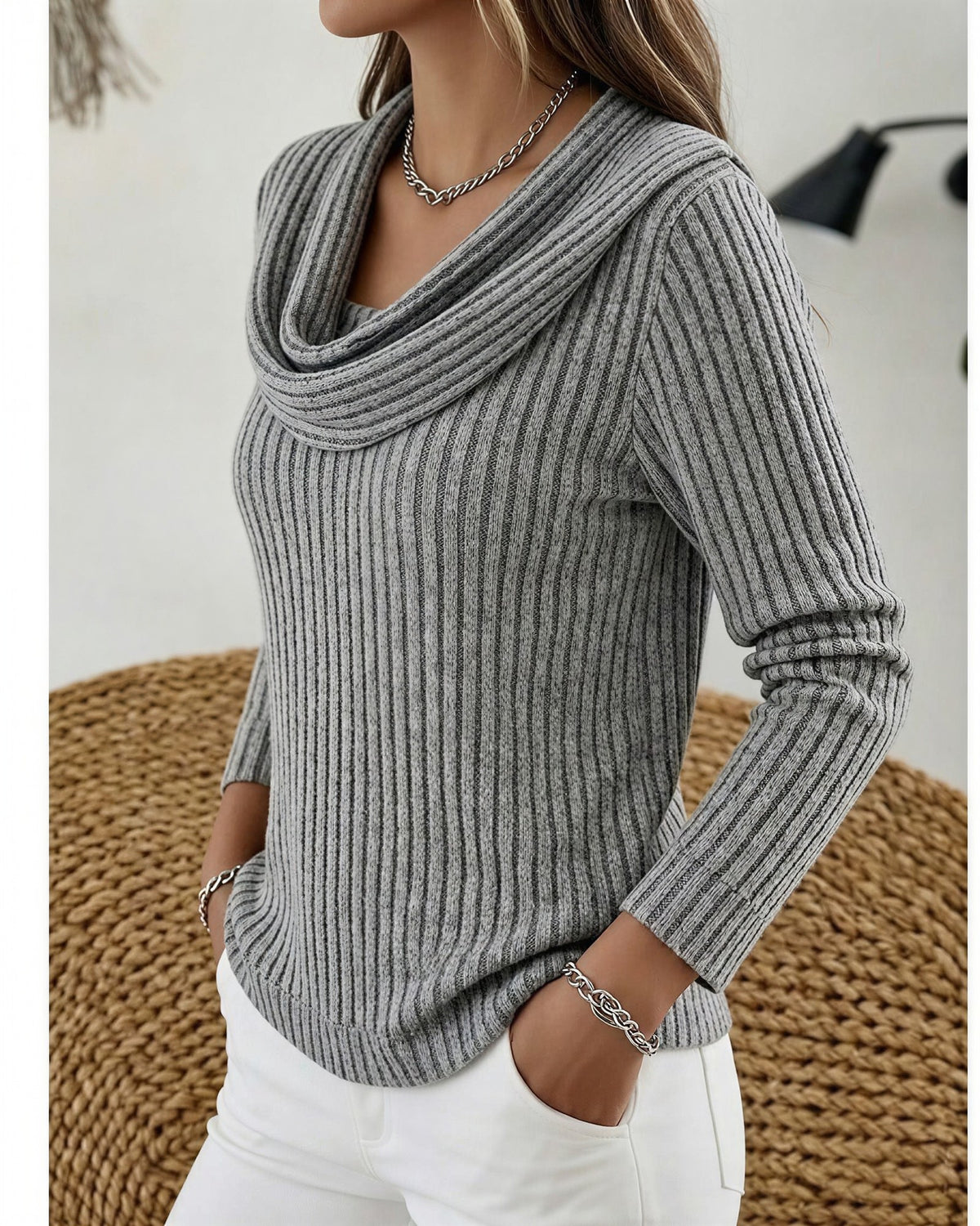 Women's Ribbed Cowl Neck Jumper - Grey, detail view