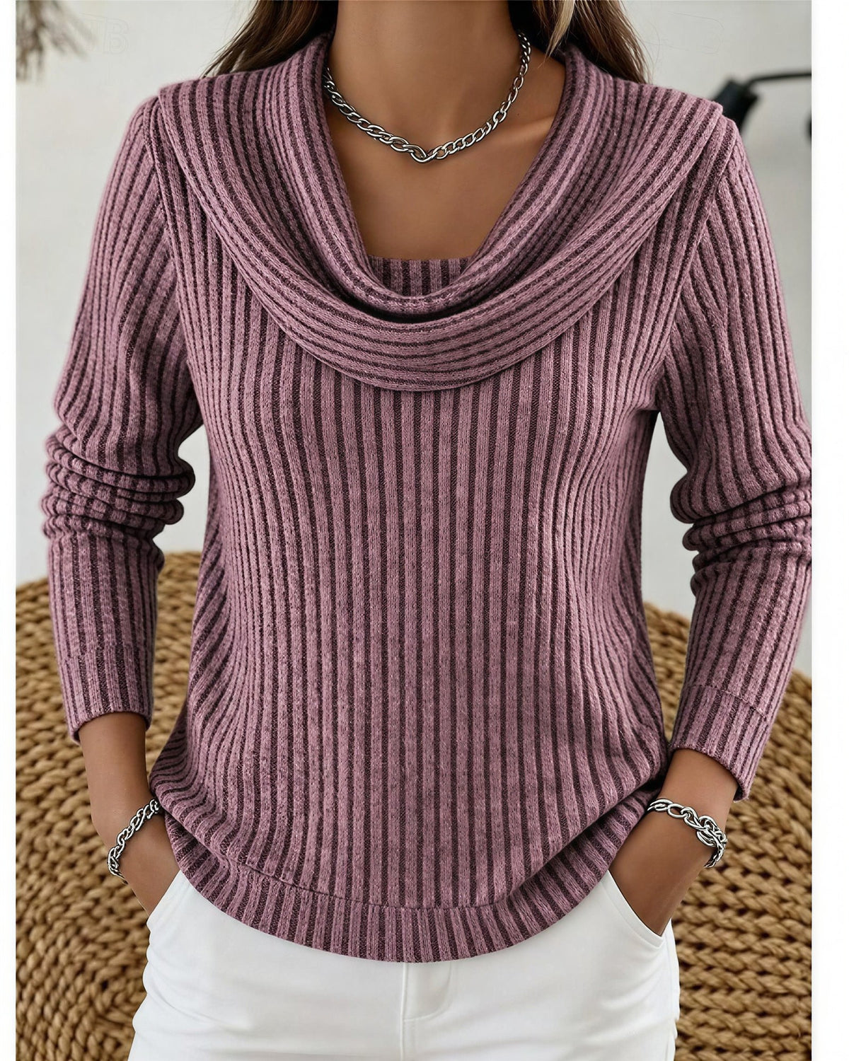 Women's Ribbed Cowl Neck Jumper - Purple, front view
