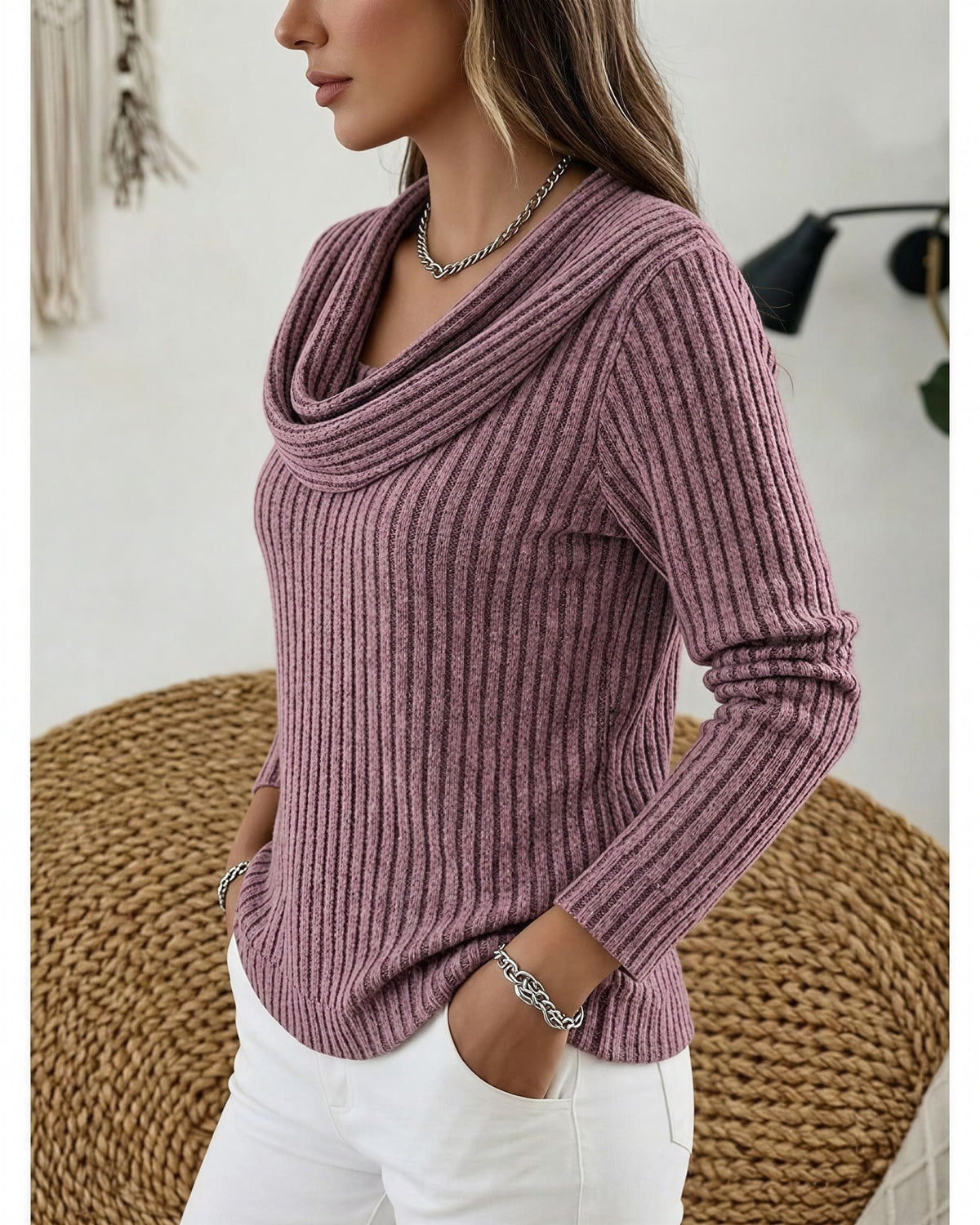 Women's Ribbed Cowl Neck Jumper - Purple, detail view