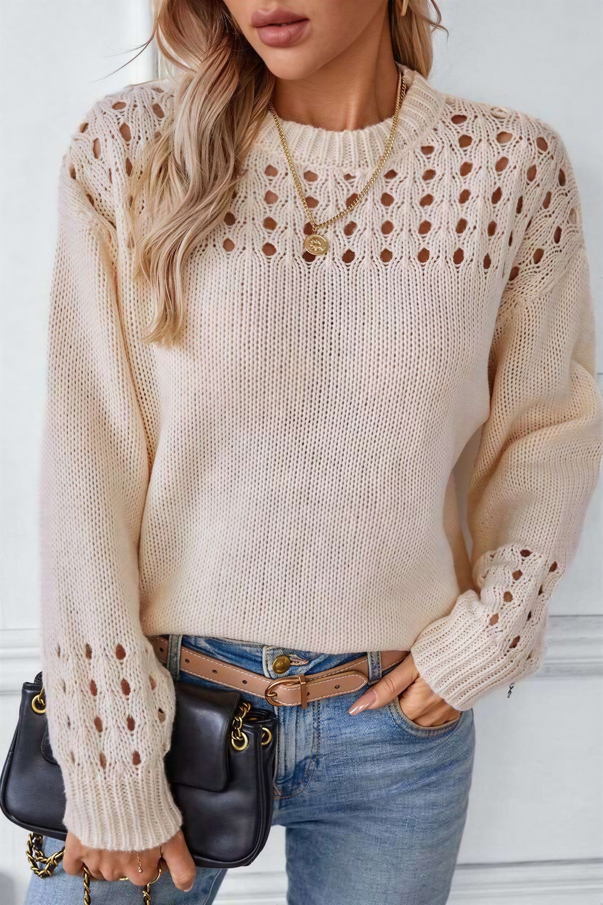 Women's Open Stitch Knit Jumper - Beige, front view