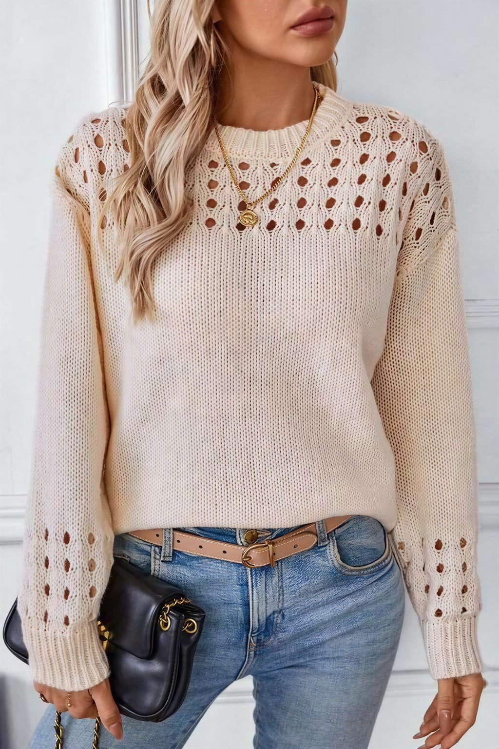 Women's Open Stitch Knit Jumper - Beige, detail view