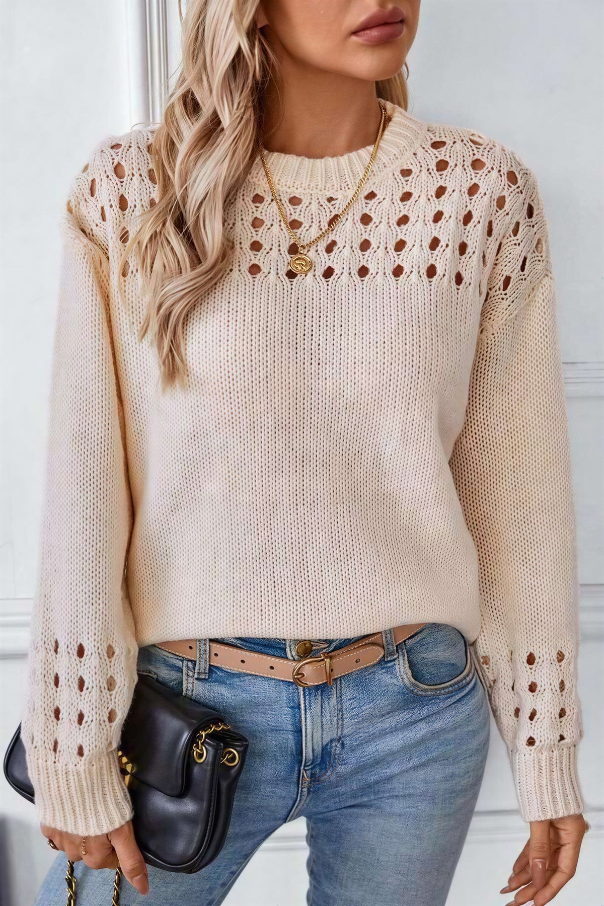 Women's Open Stitch Knit Jumper - Beige, detail view