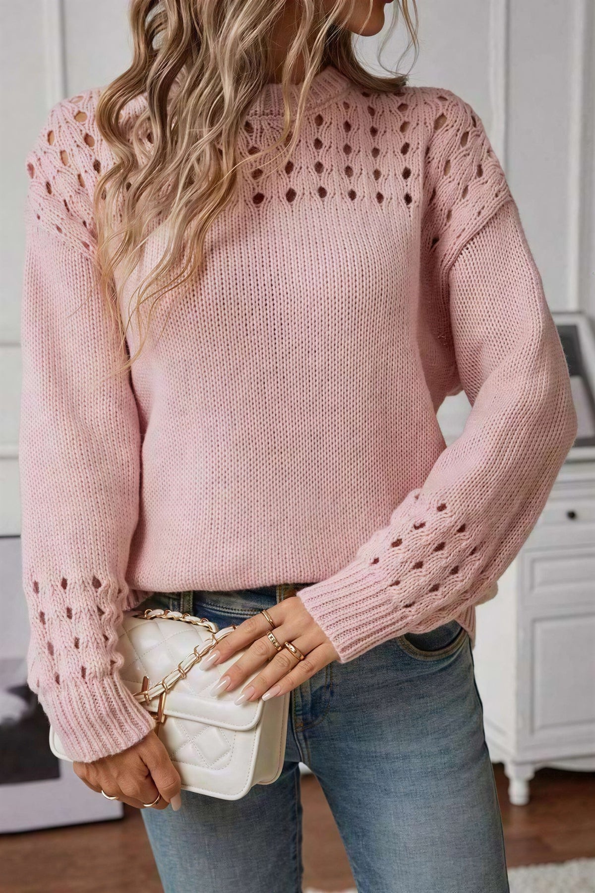 Women's Open Stitch Knit Jumper - Pink, front view