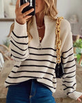 Women's Striped Half-Zip Jumper - Beige, front view
