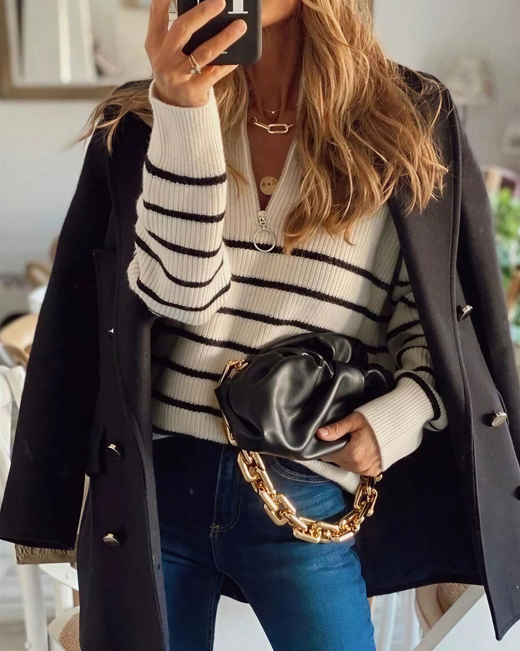 Women's Striped Half-Zip Jumper - Beige, detail view