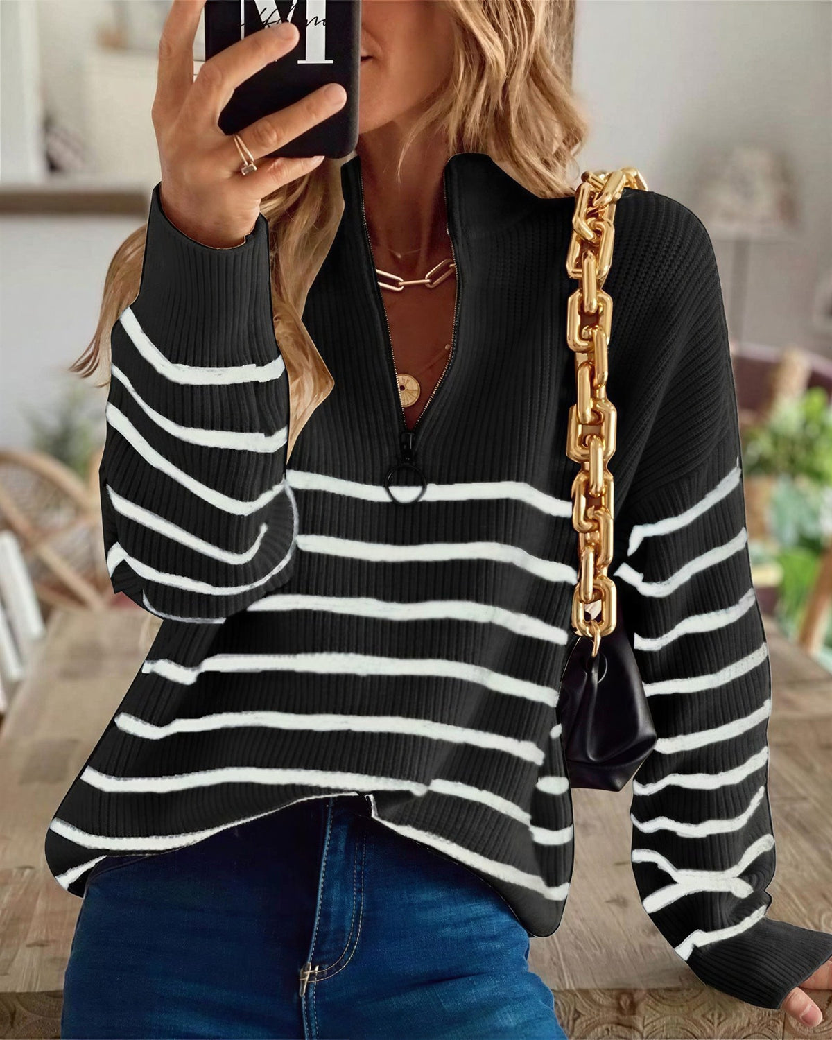 Women's Striped Half-Zip Jumper - Black, front view
