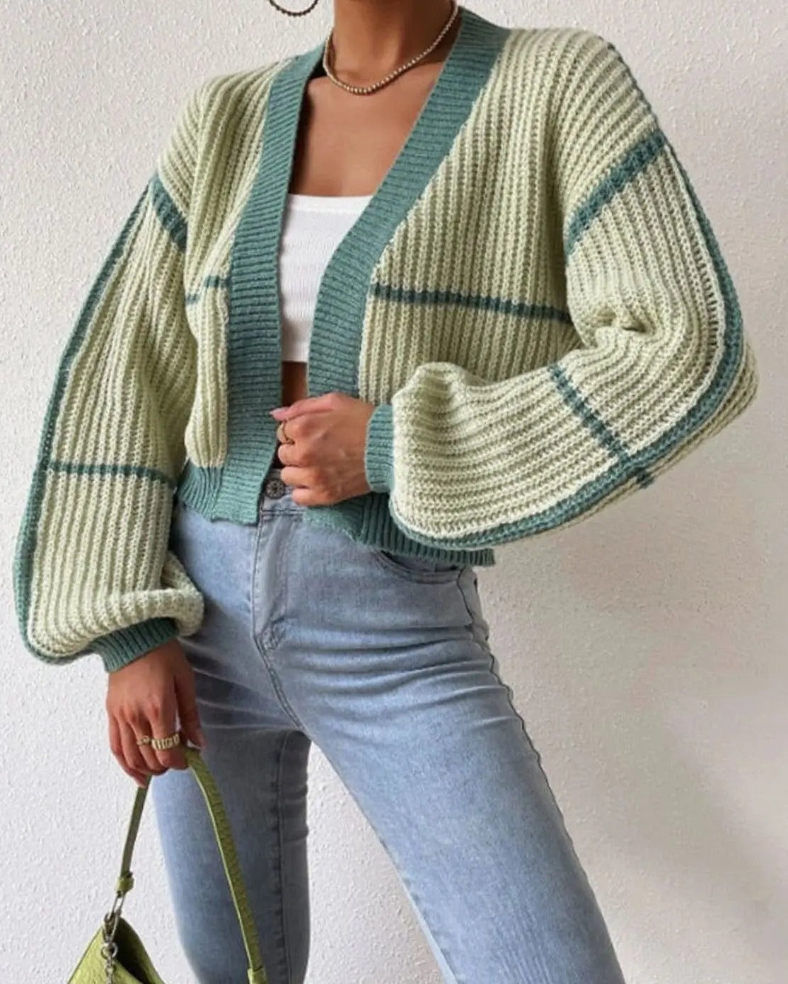 Women's Cropped Chunky Cardigan - Light Green, front view