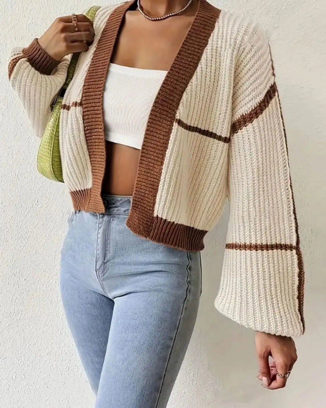 Women's Cropped Chunky Cardigan - Khaki, front view