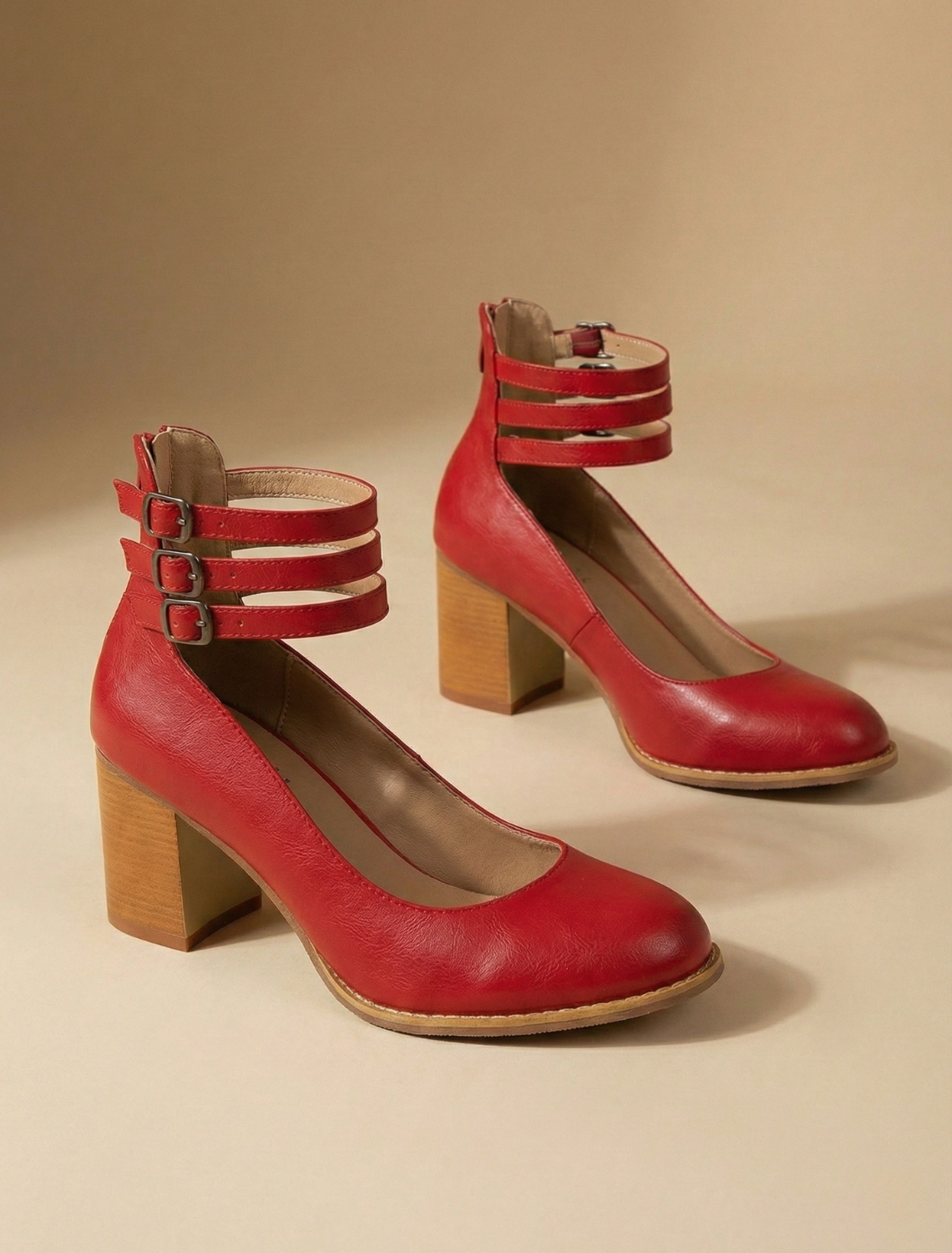 Women's Block Heels - Round Toe - Triple Ankle Straps - Buckle - Red pair, studio
