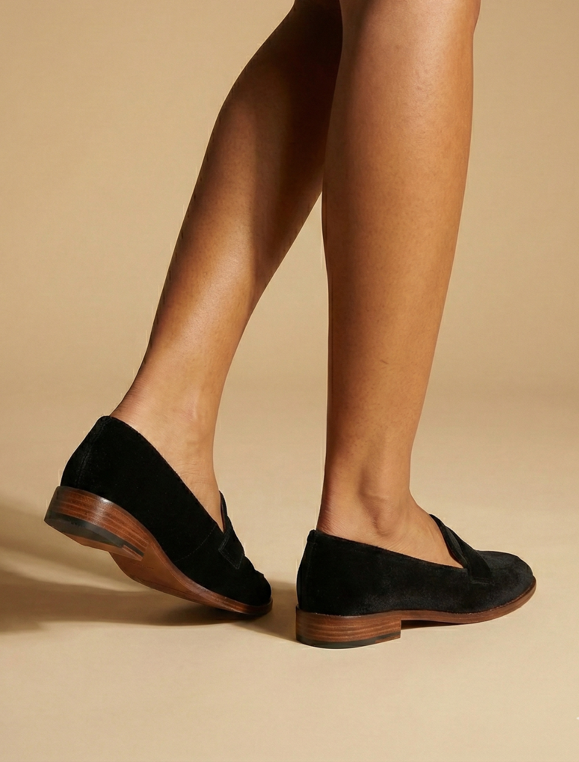 Women's Penny Loafers - Round Toe - Low Block Heel - Black, back view on model
