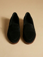 Women's Penny Loafers - Round Toe - Low Block Heel - Black, top view