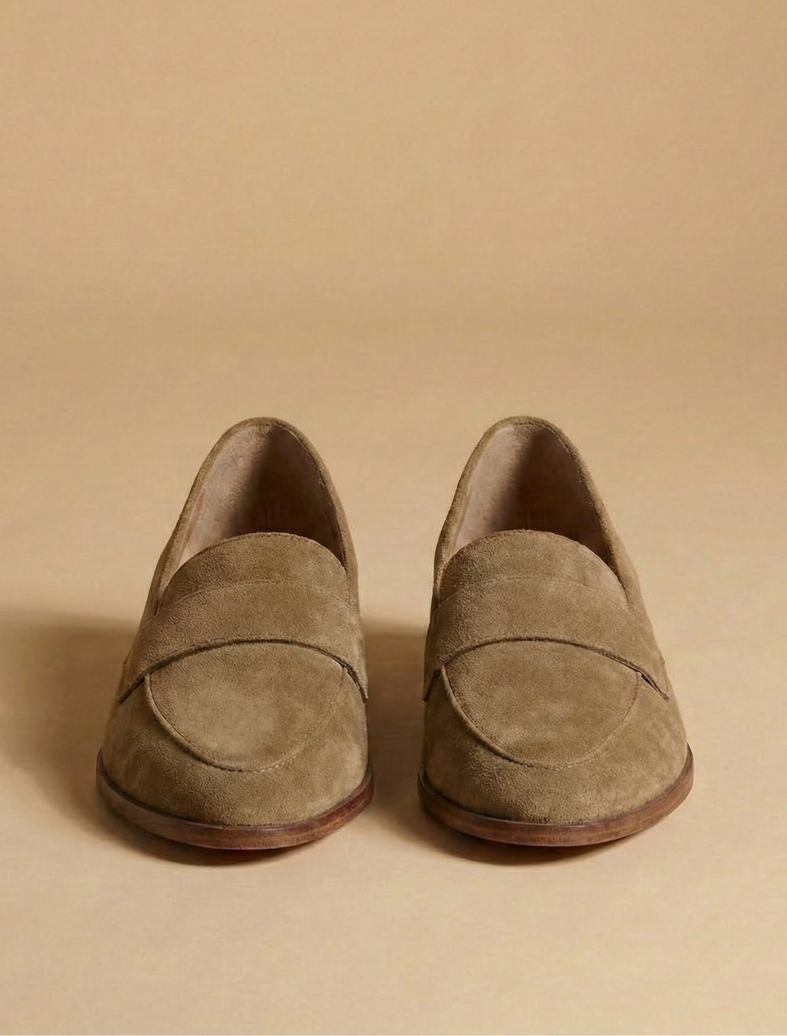 Women's Penny Loafers - Round Toe - Low Block Heel - Khaki, top view