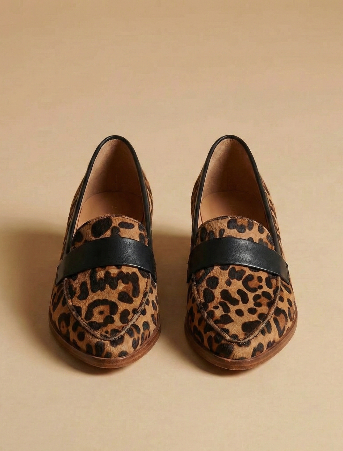 Women's Penny Loafers - Round Toe - Low Block Heel - Leopard print with black strap, top view