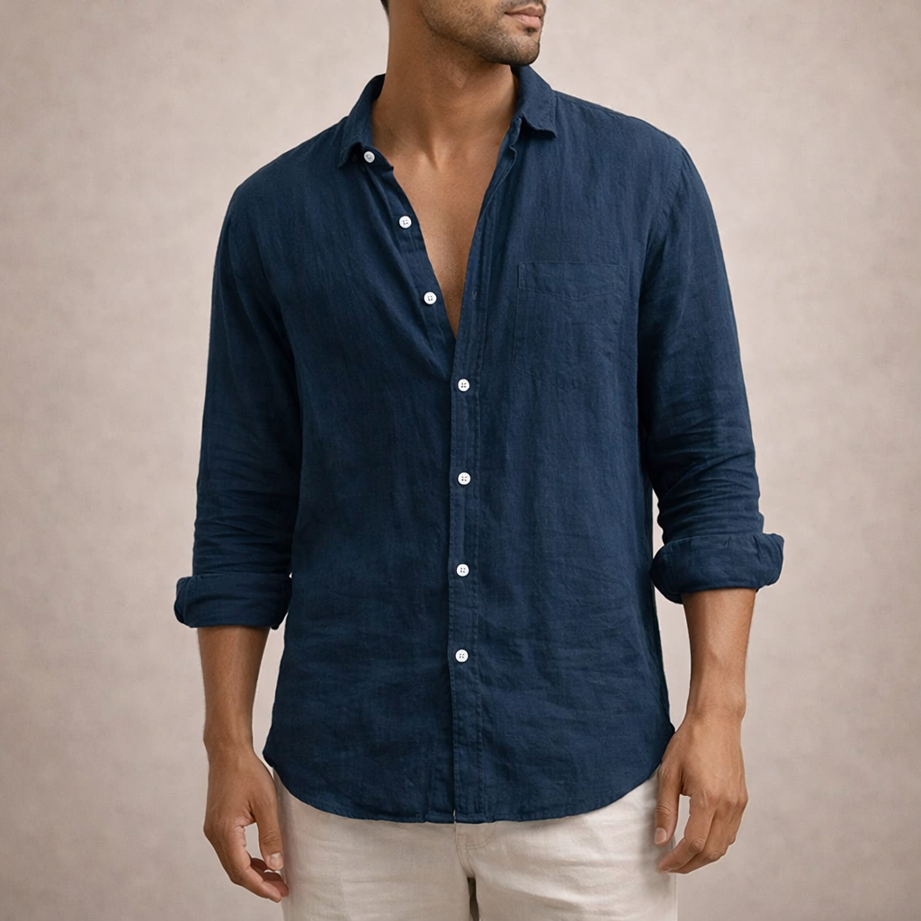 Men's Long Sleeve Button-Front Shirt - Classic Collar - Navy