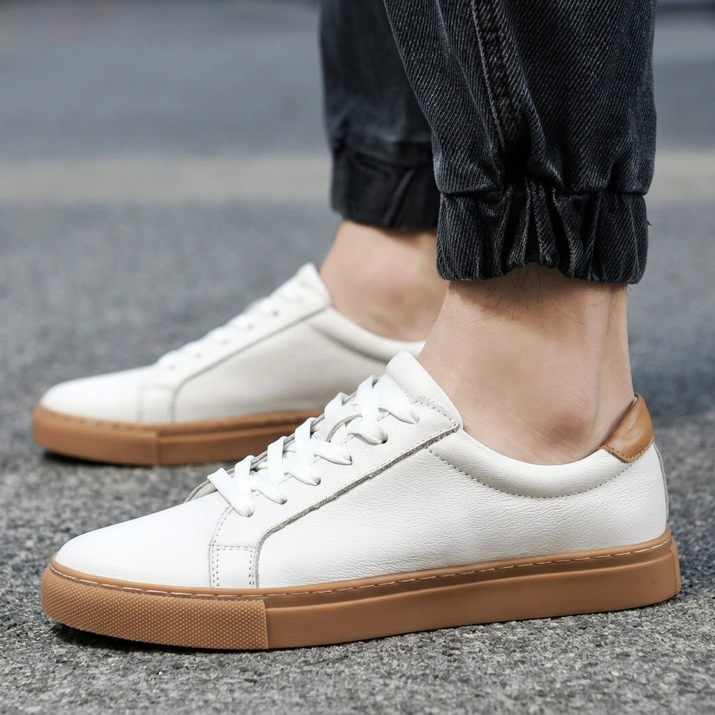 Men's Leather-Look Low-Top Trainers - Lace-Up Plain Toe - Brown & White, worn on foot