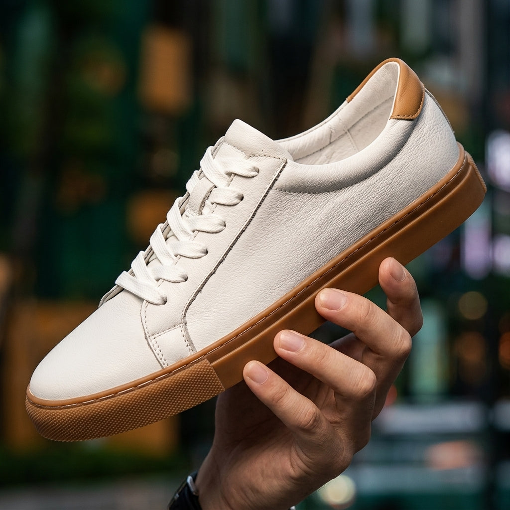 Men's Leather-Look Low-Top Trainers - Lace-Up Plain Toe - Brown & White, held in hand