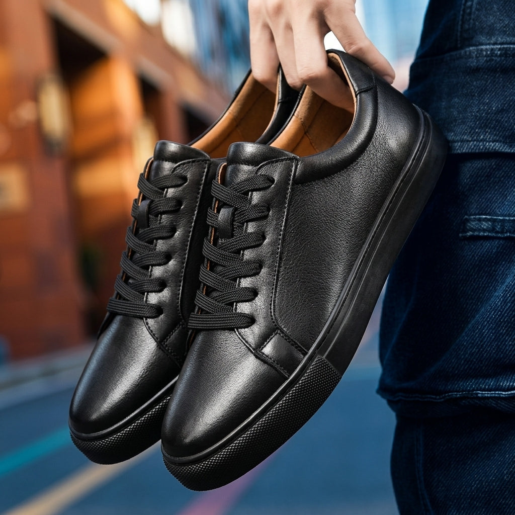 Men's Leather-Look Low-Top Trainers - Lace-Up Plain Toe - Black pair, held in hand